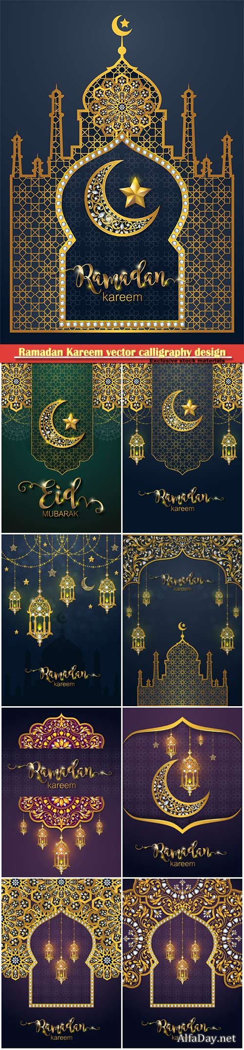 Ramadan Kareem vector calligraphy design with decorative floral pattern, mosque silhouette, crescent and glittering islamic background # 32