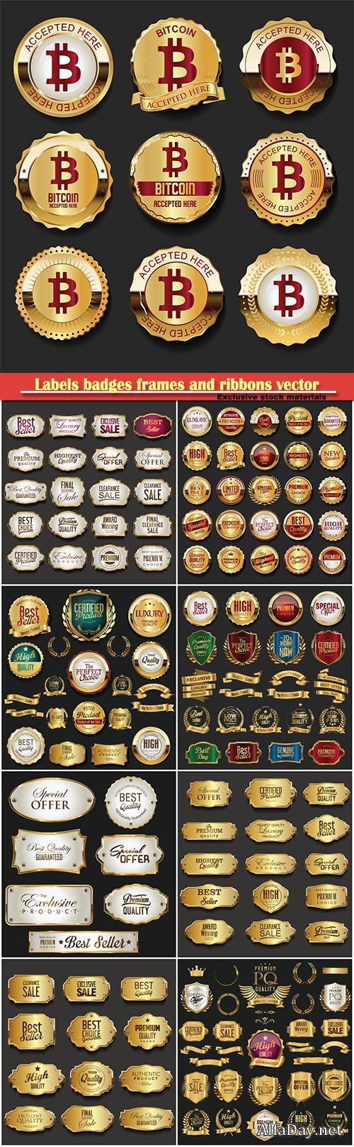 Labels badges frames and ribbons vector collection, bitcoin gold labels