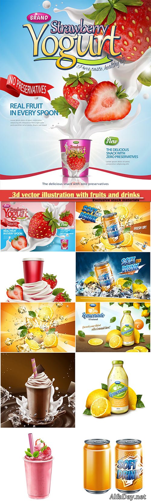 3d vector illustration with fruits and drinks