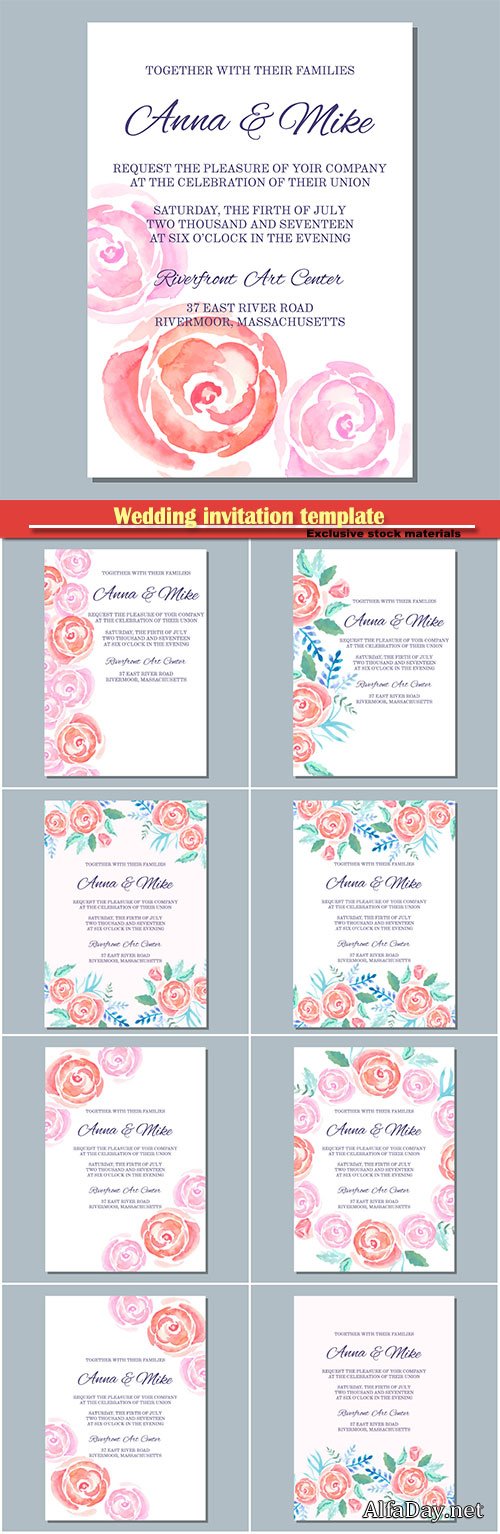 Wedding invitation template with watercolor roses, watercolor gentle background for invitations and greeting cards