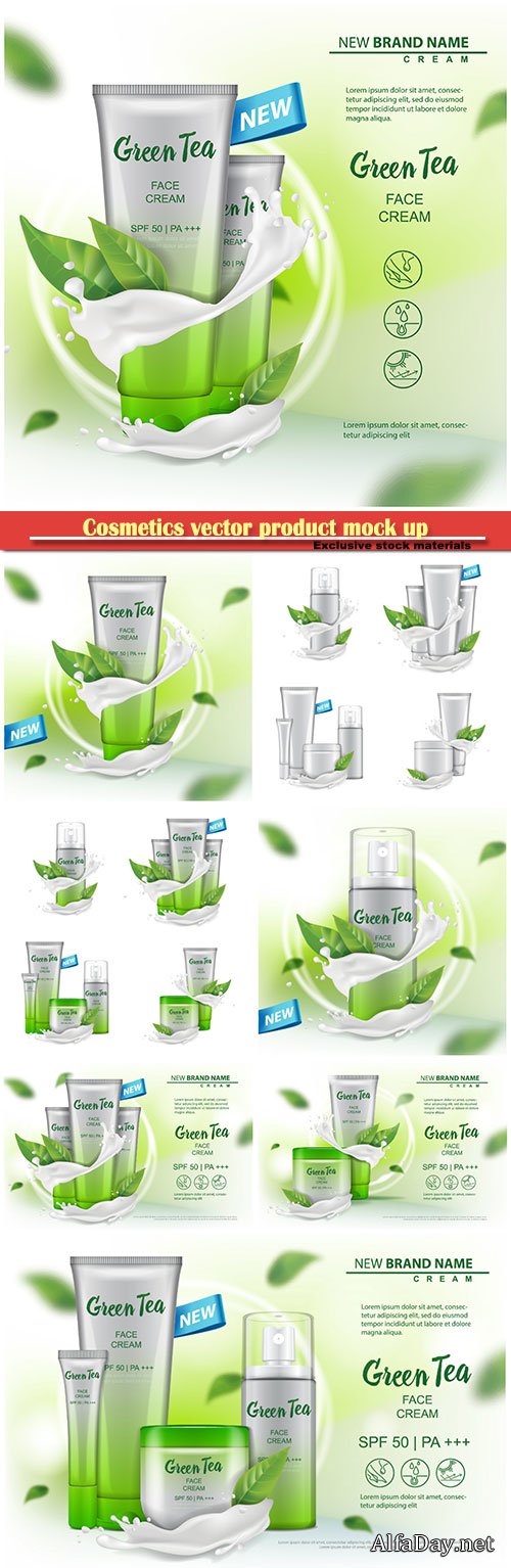 Cosmetics vector product mock up with green tea extract advertising for catalog, magazine, cream, gel, body lotion, spray