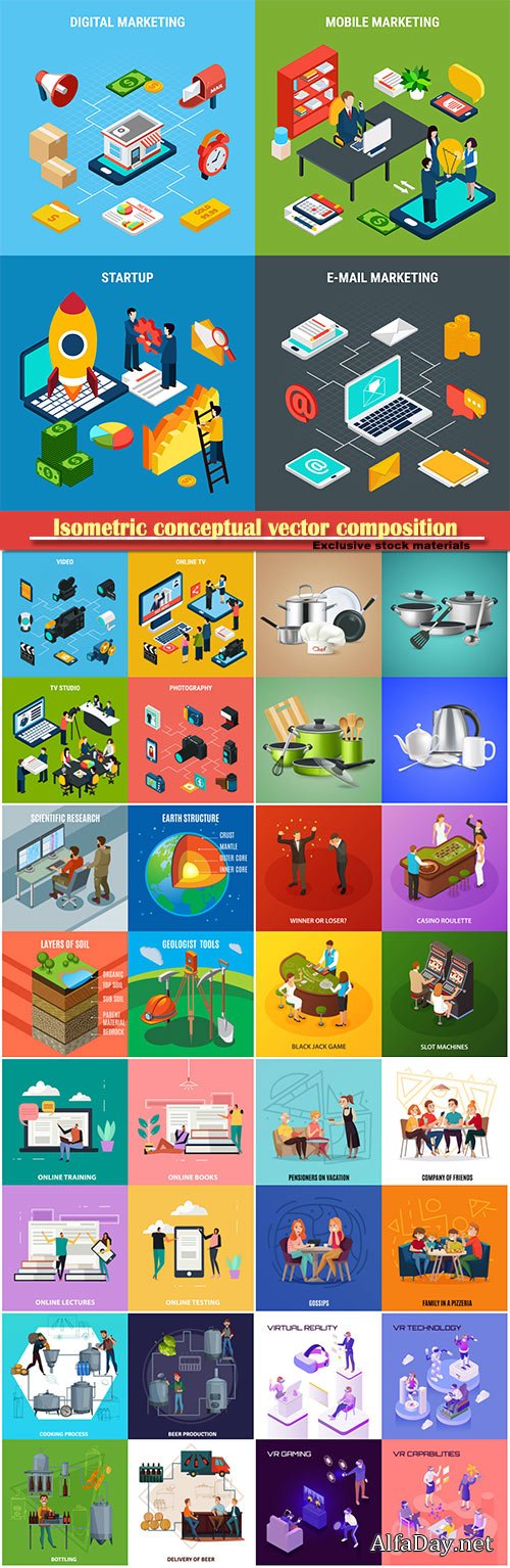 Isometric conceptual vector composition, infographics template, horizontal banners set # 14