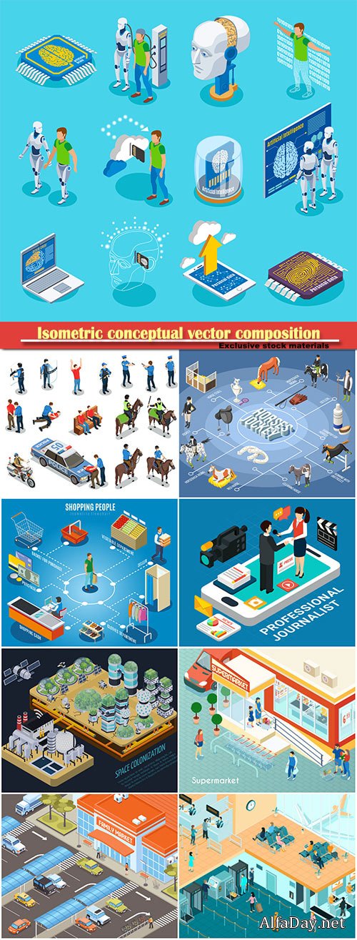 Isometric conceptual vector composition, infographics template, horizontal banners set # 15