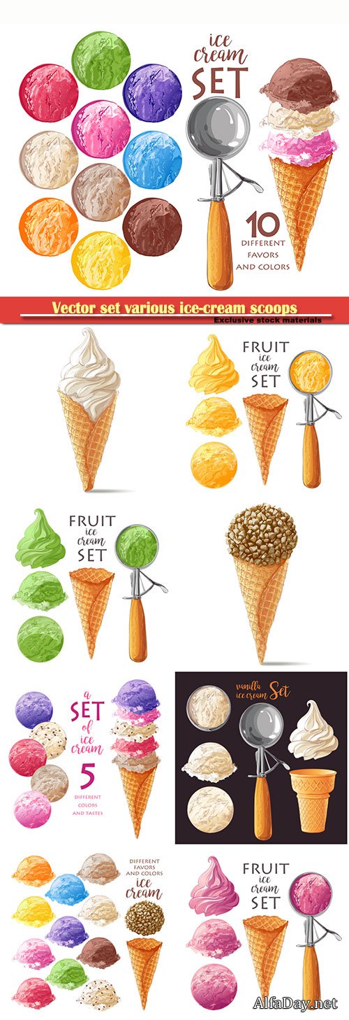 Vector set various ice-cream scoops in waffle cones with assorted balls of vanilla, citrus, strawberry, mint, chocolate