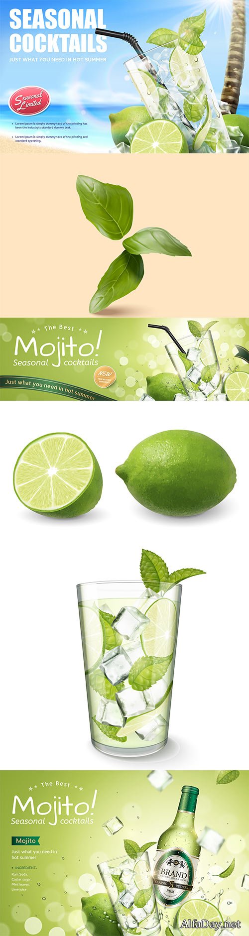 Seasonal cocktail mojito drinks, vector 3d illustration