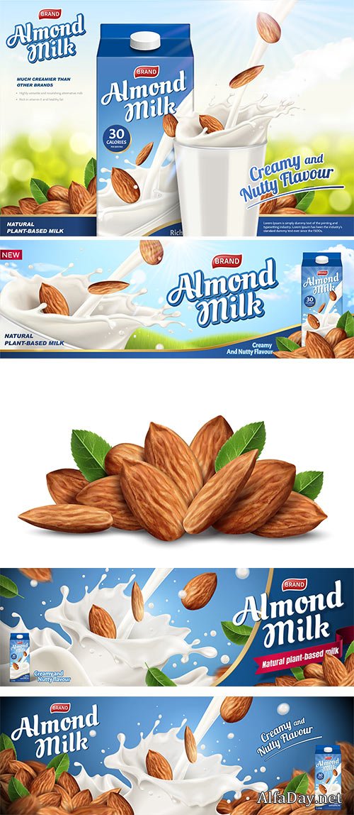 Almond milk ads, paper carton package in 3d illustration