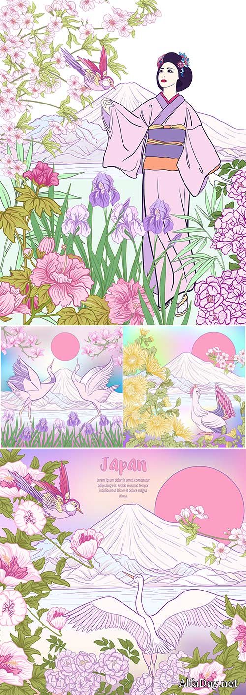 Japanese landscape with Mount Fuji,  Japanese woman in a kimono and tradition flowers and a bird