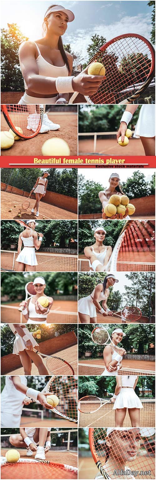 Beautiful female tennis player with tennis racket and ball in the sport club