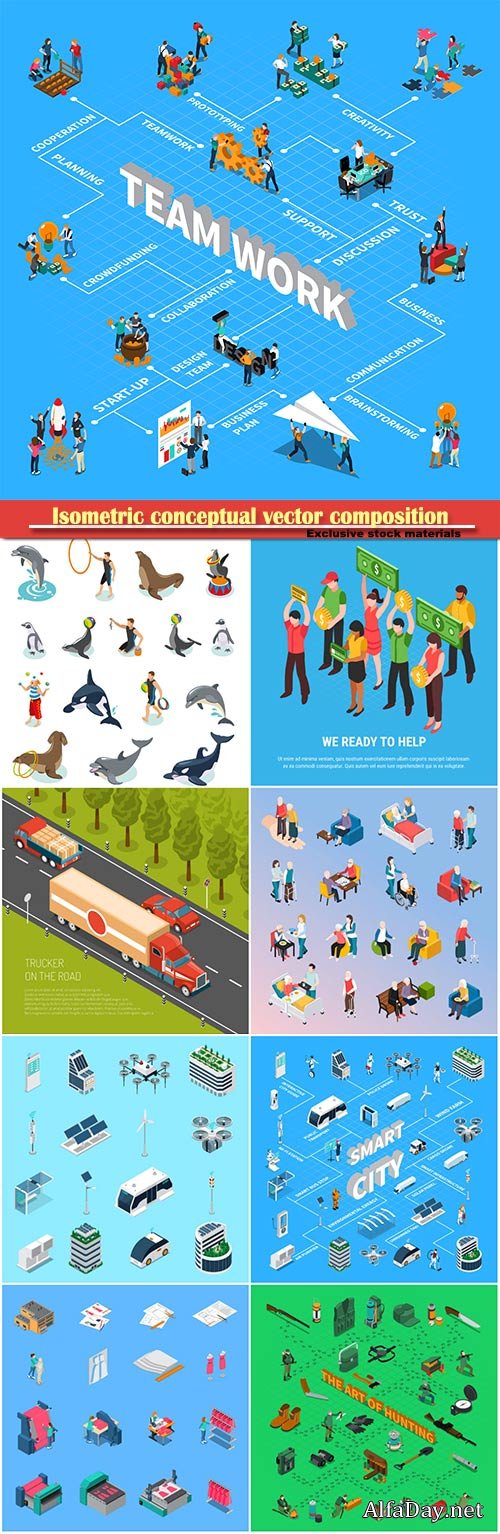 Isometric conceptual vector composition, infographics template # 28