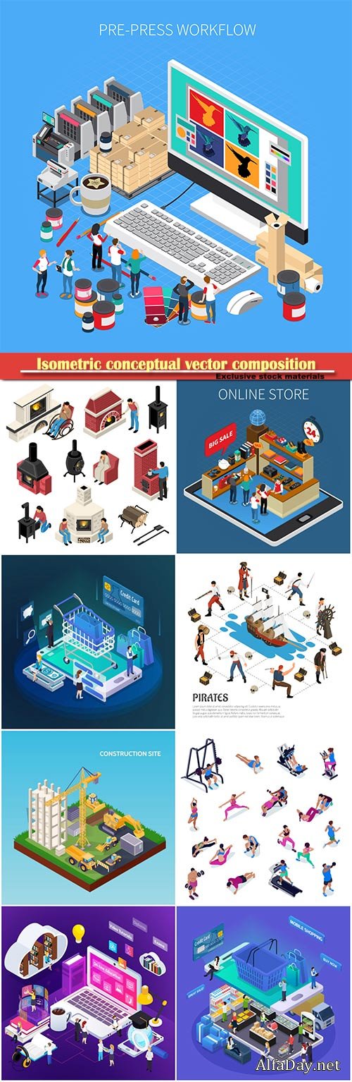 Isometric conceptual vector composition, infographics template # 37