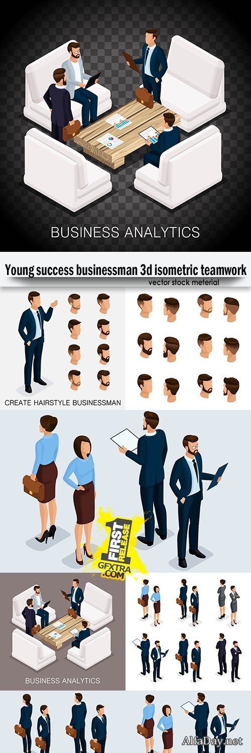 Young success businessman 3d isometric teamwork