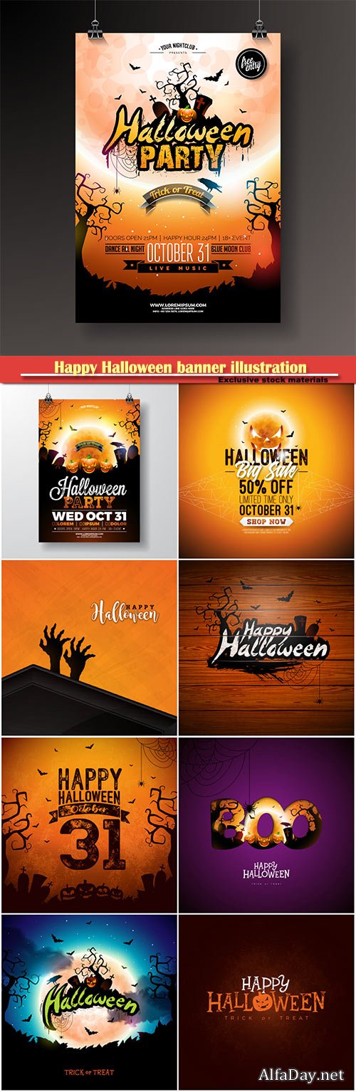 Happy Halloween banner illustration with moon, flying bats and pumpkin, vector holiday design template