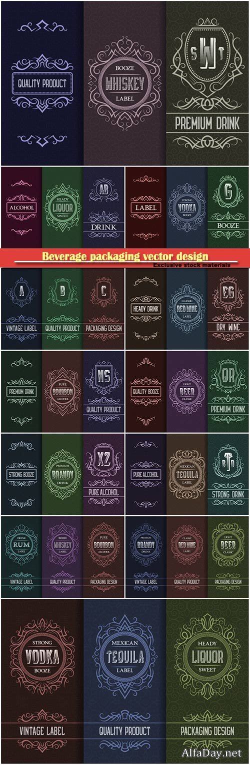 Beverage packaging vector design, set of alcohol drink bottles labels