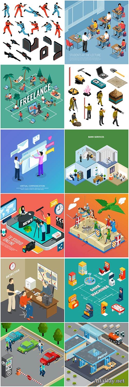 Isometric conceptual vector composition, infographics template # 49