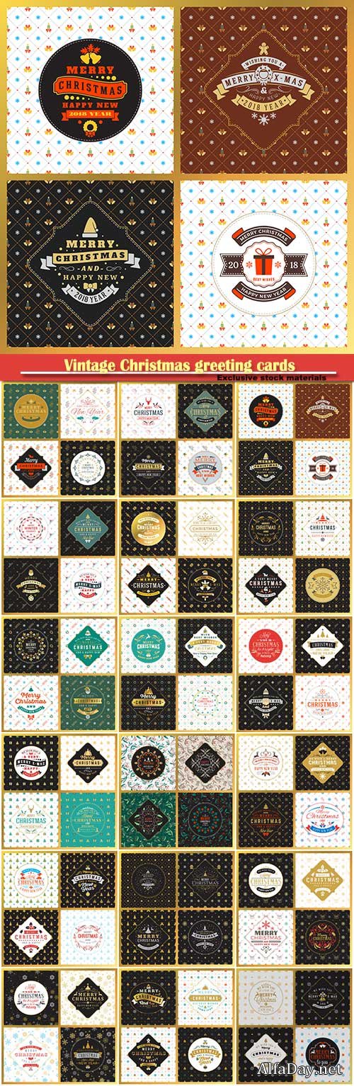 Vintage Christmas greeting cards, vector design on seamless background