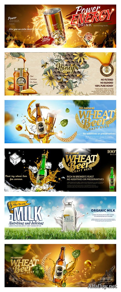 Food banner ads in 3d vector illustration
