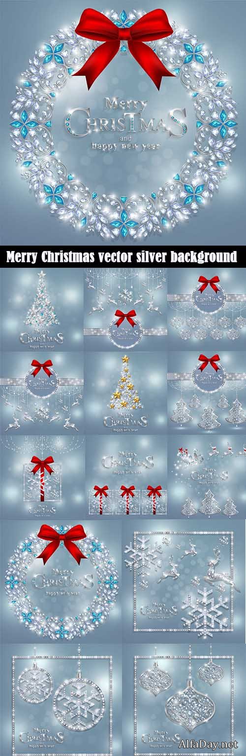 Merry Christmas vector silver background with holiday decorated