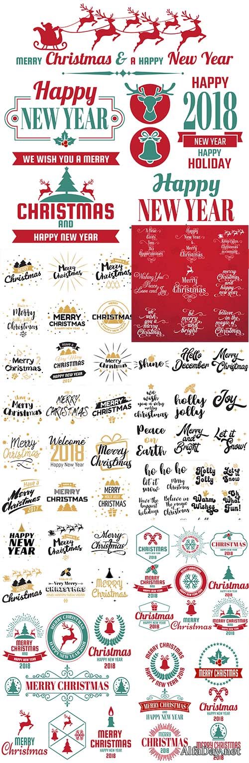 Christmas vector decorated, logos, ribbons, signs, inscriptions