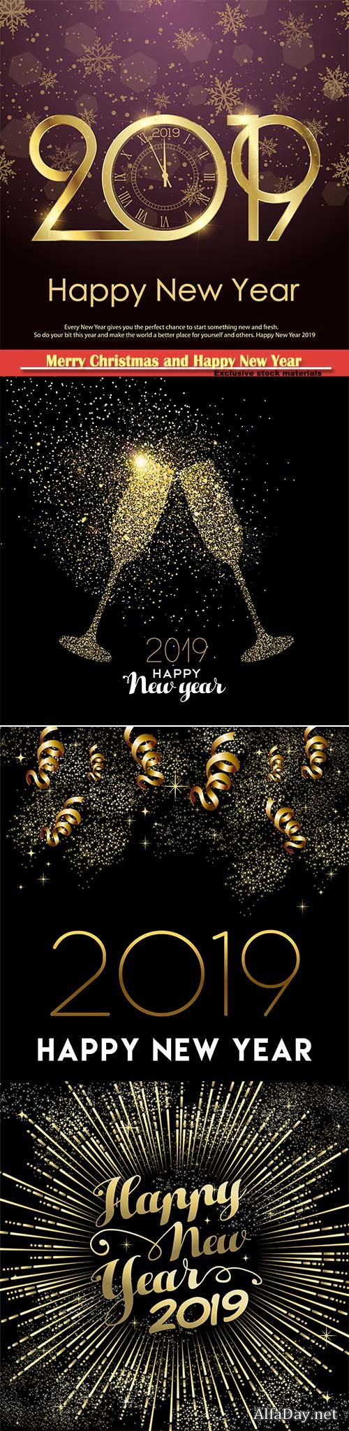 Happy New Year 2019 gold party decoration vector card