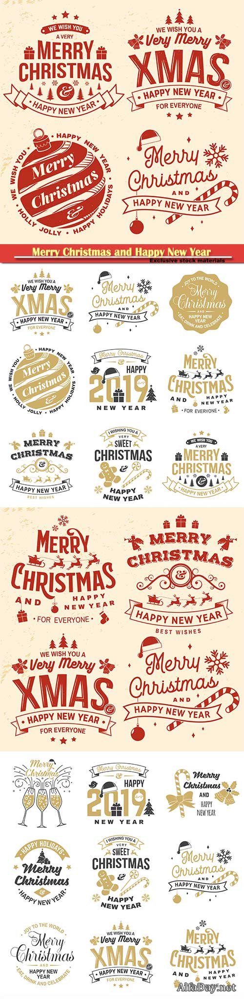 Merry Christmas and 2019 Happy New Year stamp, sticker set