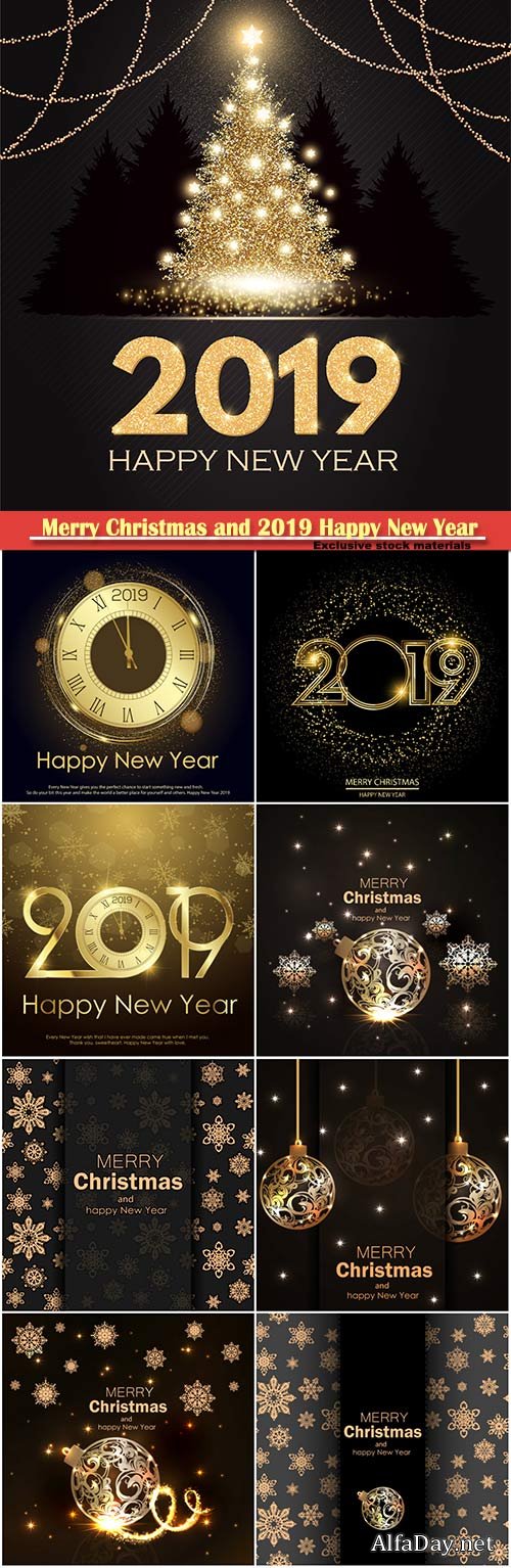 Happy New 2019 Year vector elegant card with gold shining christmas tree