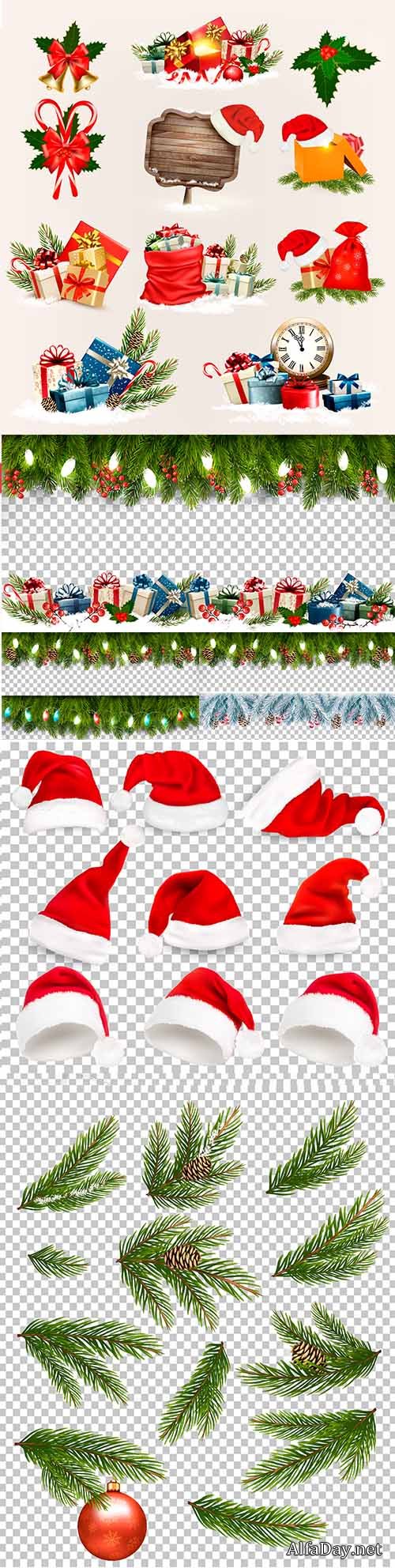 Vector set of Christmas icons and objects, boards with branches of tree