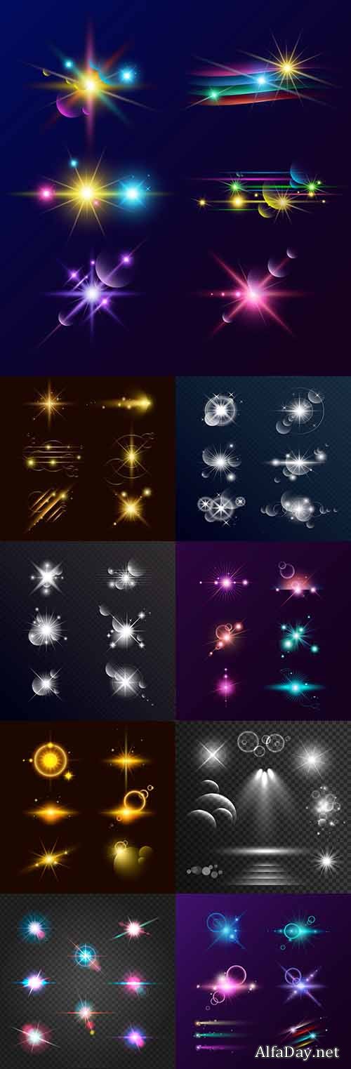 Lighting effect bright flashouts and rays of light collection