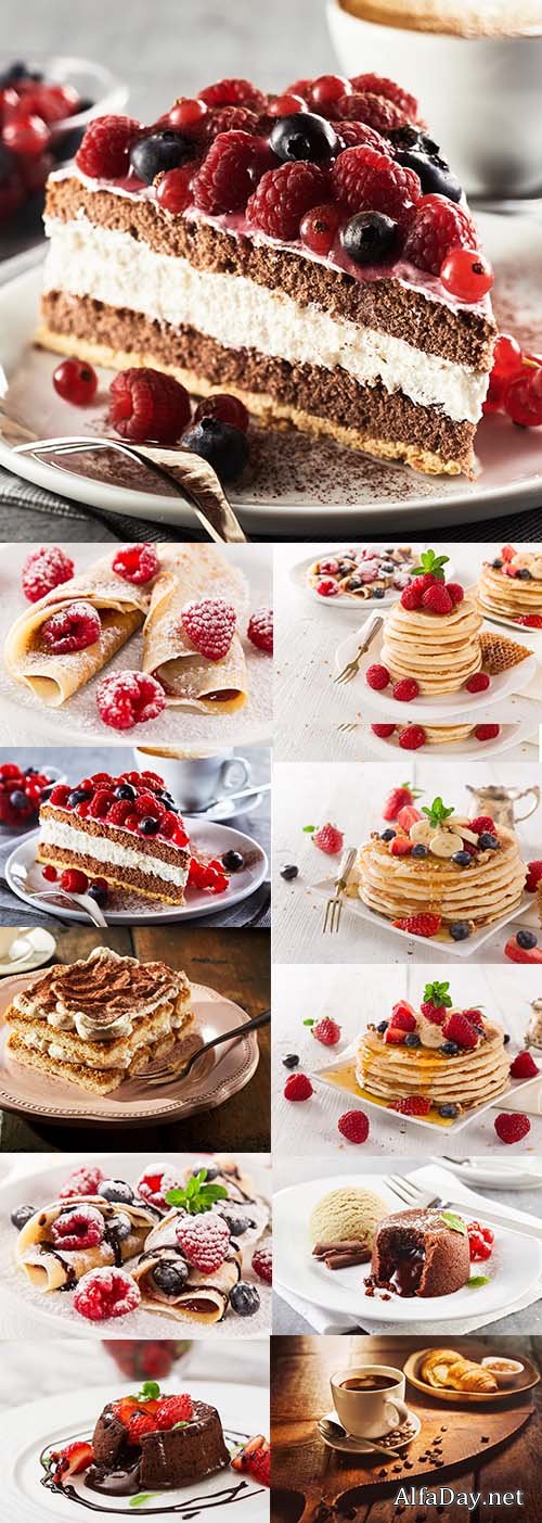 Delicious pancakes with fruits, piece of tiramisu cake