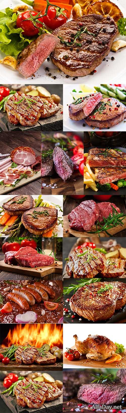 Grilled fillet steaks, grilled sausages and vegetables, tomato and onion