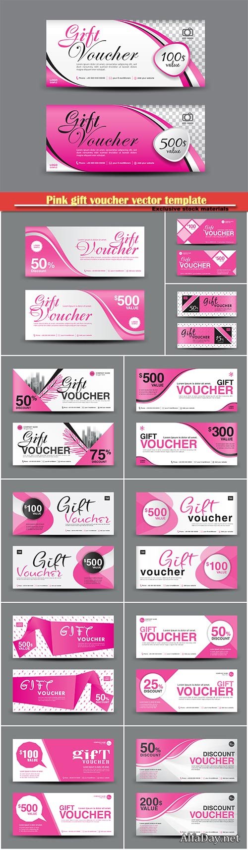 Pink gift voucher vector template, coupon design, certificate, Valentine's Day sale banner