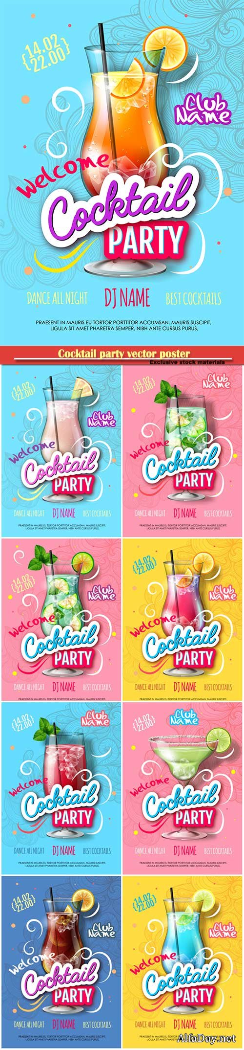 Cocktail party vector poster in modern style, Valentine's Day