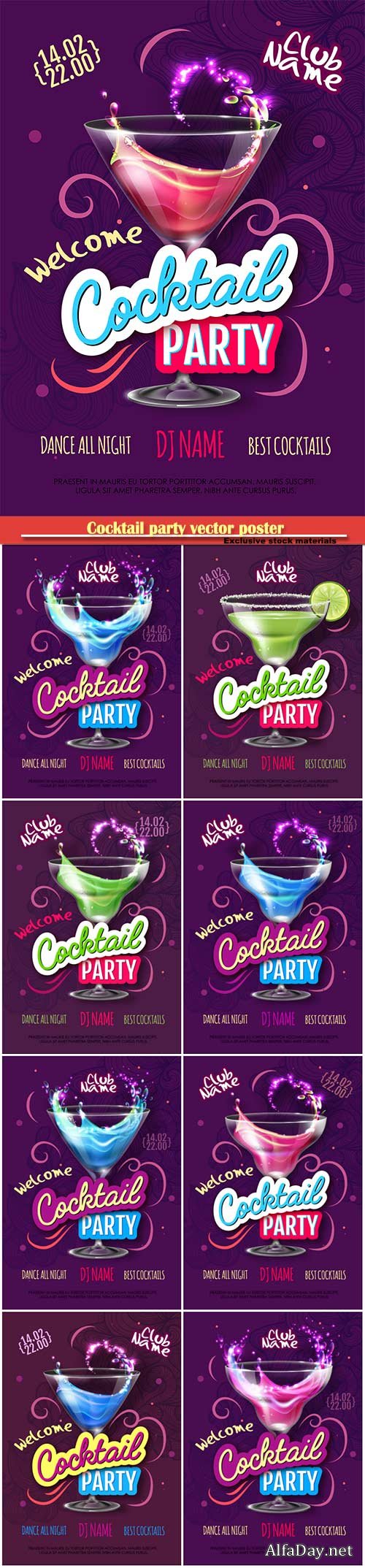 Cocktail party vector poster in eclectic modern style, Valentine's Day