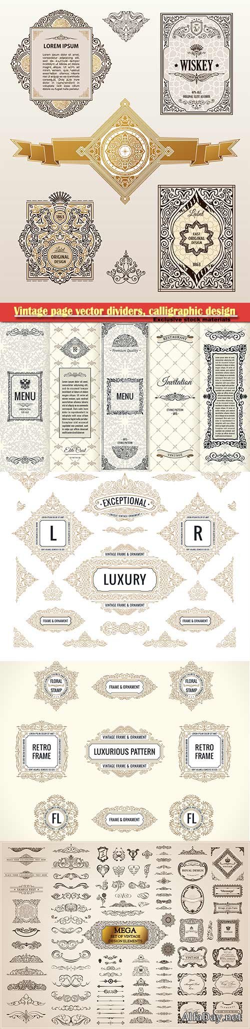 Vintage page vector dividers, calligraphic design logo set