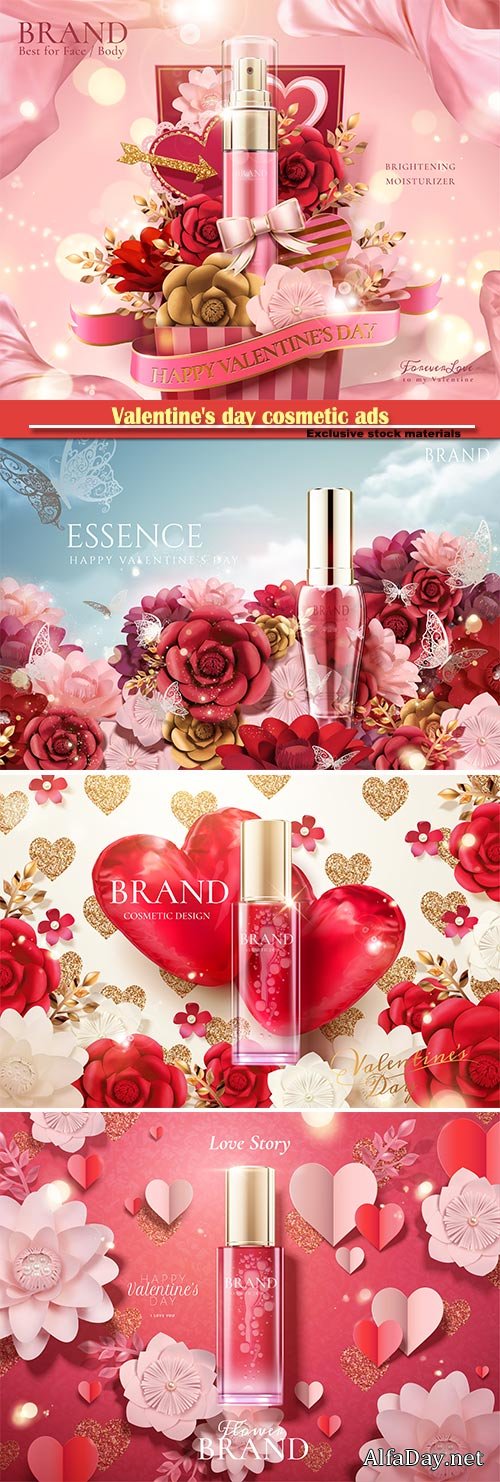 Valentine's day cosmetic ads in 3d vector illustration