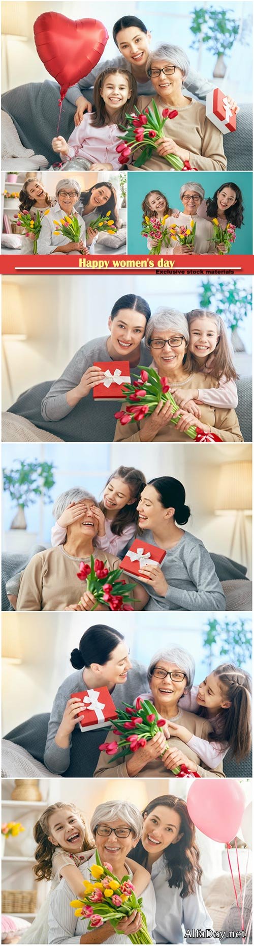 Happy women's day, grandma, mum and girl smiling and hugging