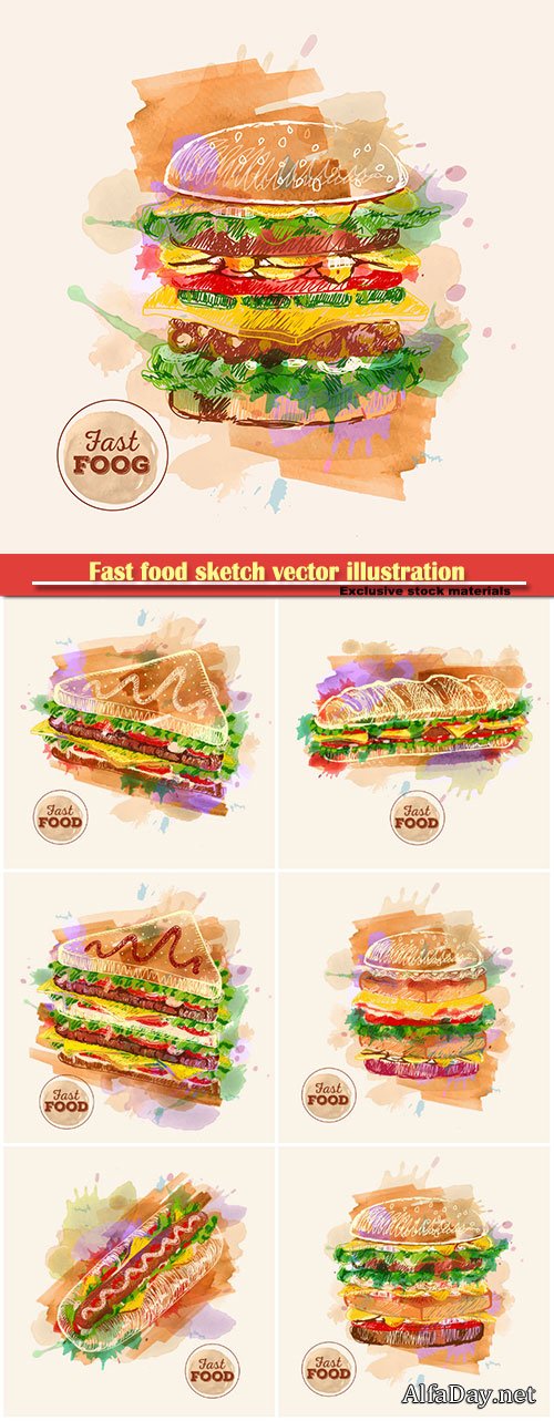Fast food sketch vector illustration, watercolor hamburger or sandwich