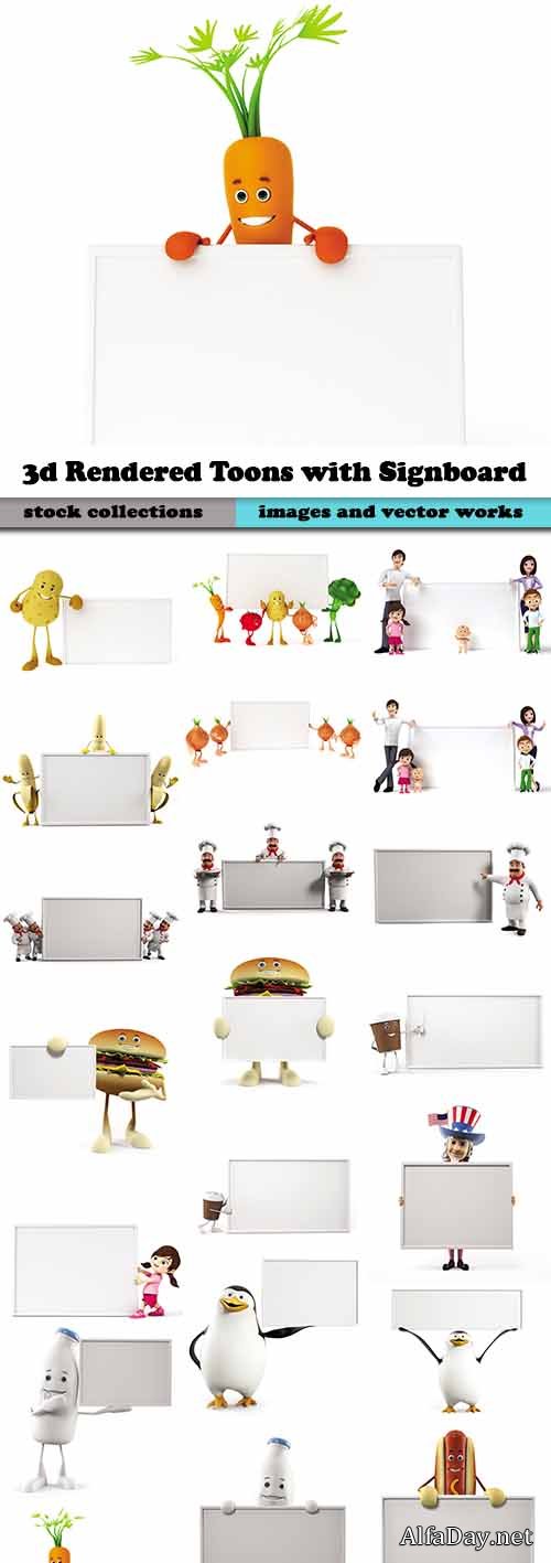 3d Rendered Toons with Signboard - Foods, People and Animals 25xJPGs