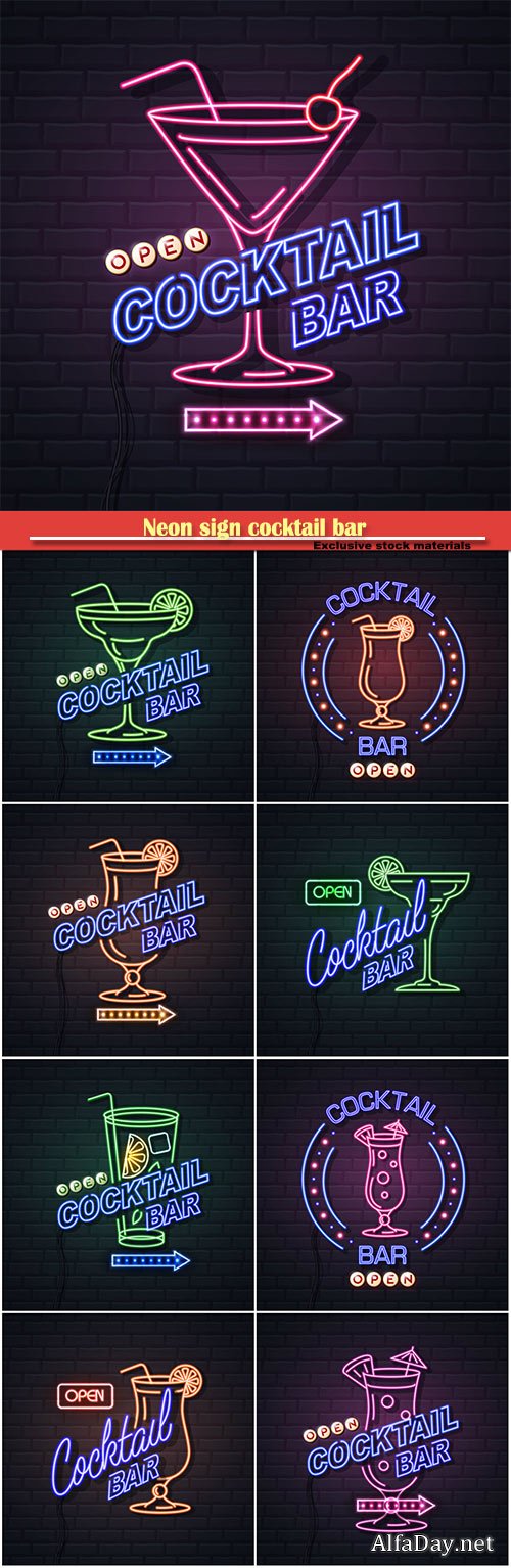 Neon sign cocktail bar on brick wall background