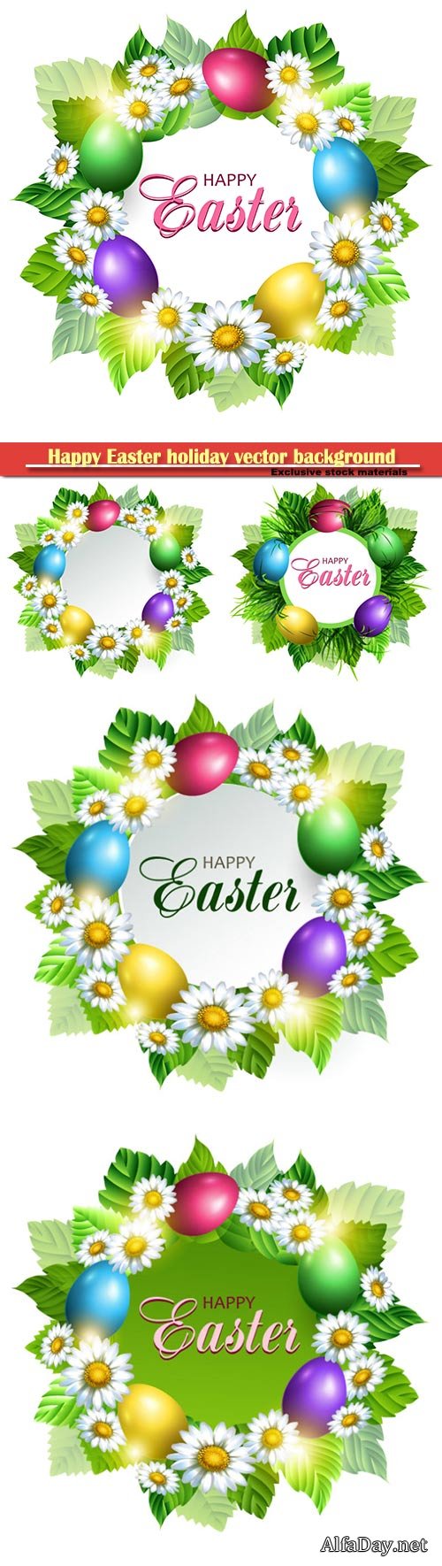 Easter card with eggs and chamomiles, vector spring decorative flowers