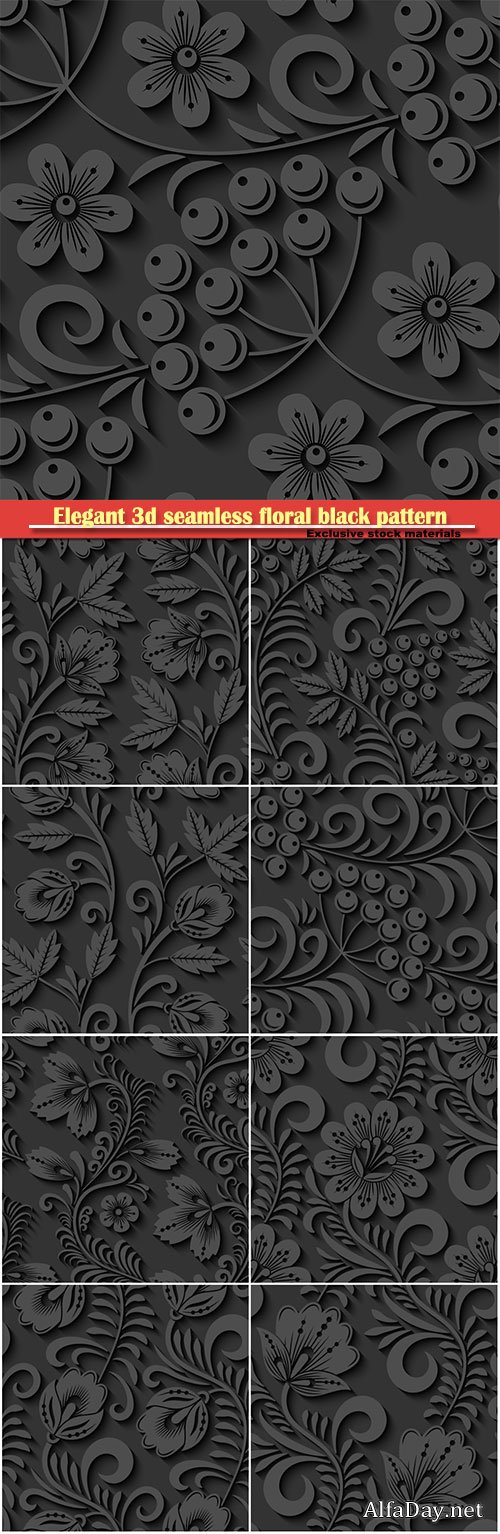 Elegant 3d seamless floral black pattern in vector Illustration