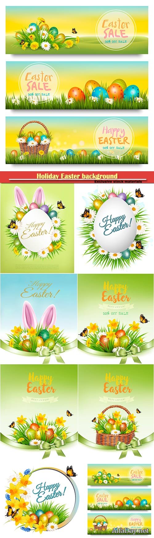 Holiday easter background with a colorful eggs and spring flowers
