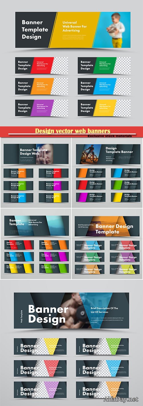 Design vector web banners with diagonal material design elements and space for photo