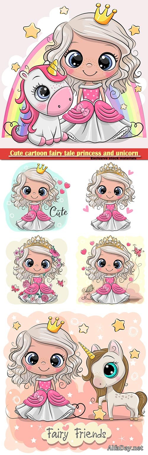 Cute cartoon fairy tale princess and unicorn