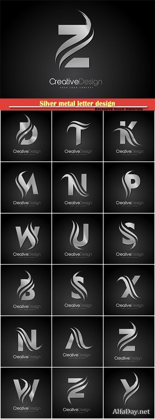 Silver metal letter design brush paint stroke on vector background