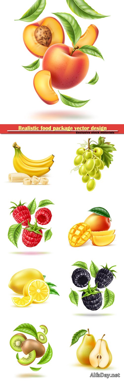 Realistic food package vector design, fruits and berries