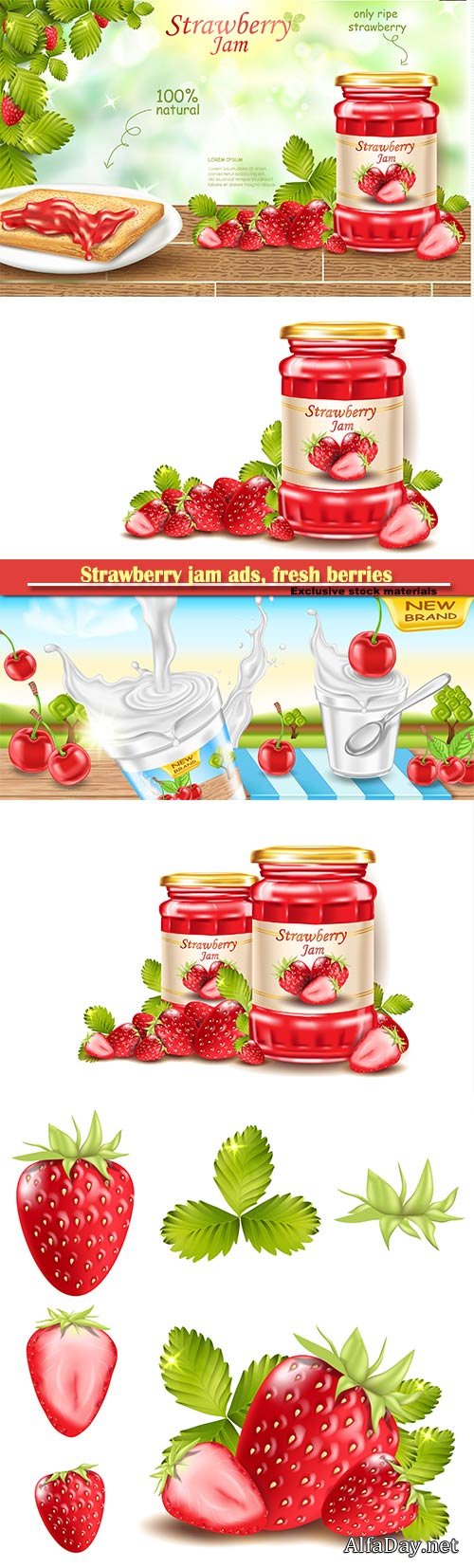 Strawberry jam ads, fresh berries realistic 3d illustration