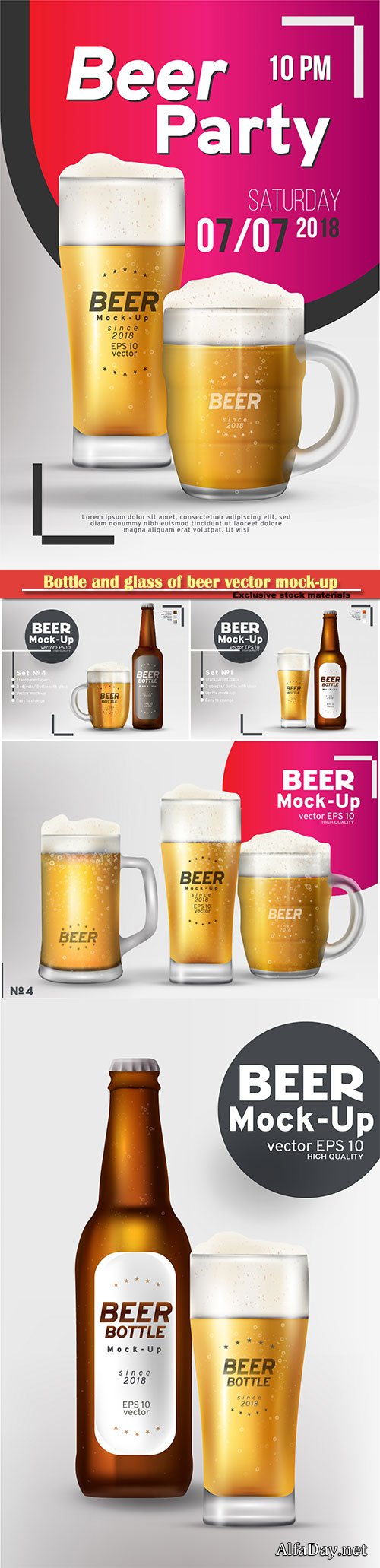Bottle and glass of beer vector mock-up set