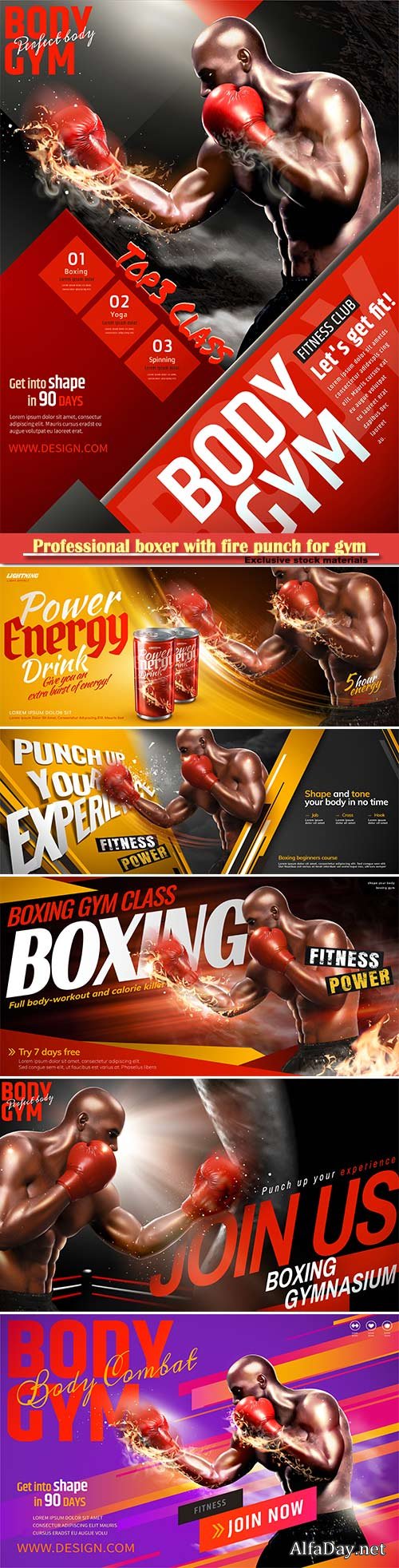 Professional boxer with fire punch for gym class poster in 3d illustration