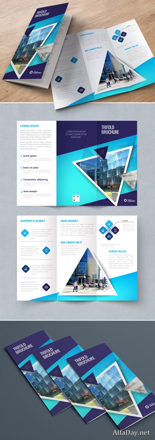 Dark Blue Trifold Brochure Layout with Triangles_267840417