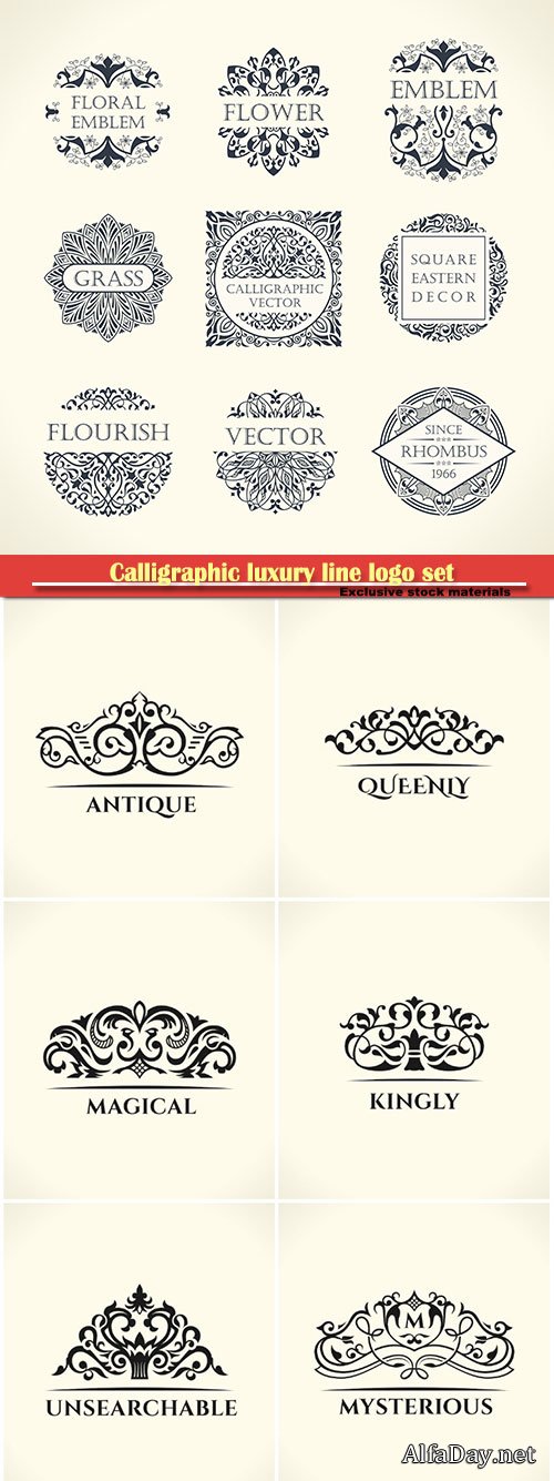Calligraphic luxury line logo set, flourishes black frame, emblem monogram